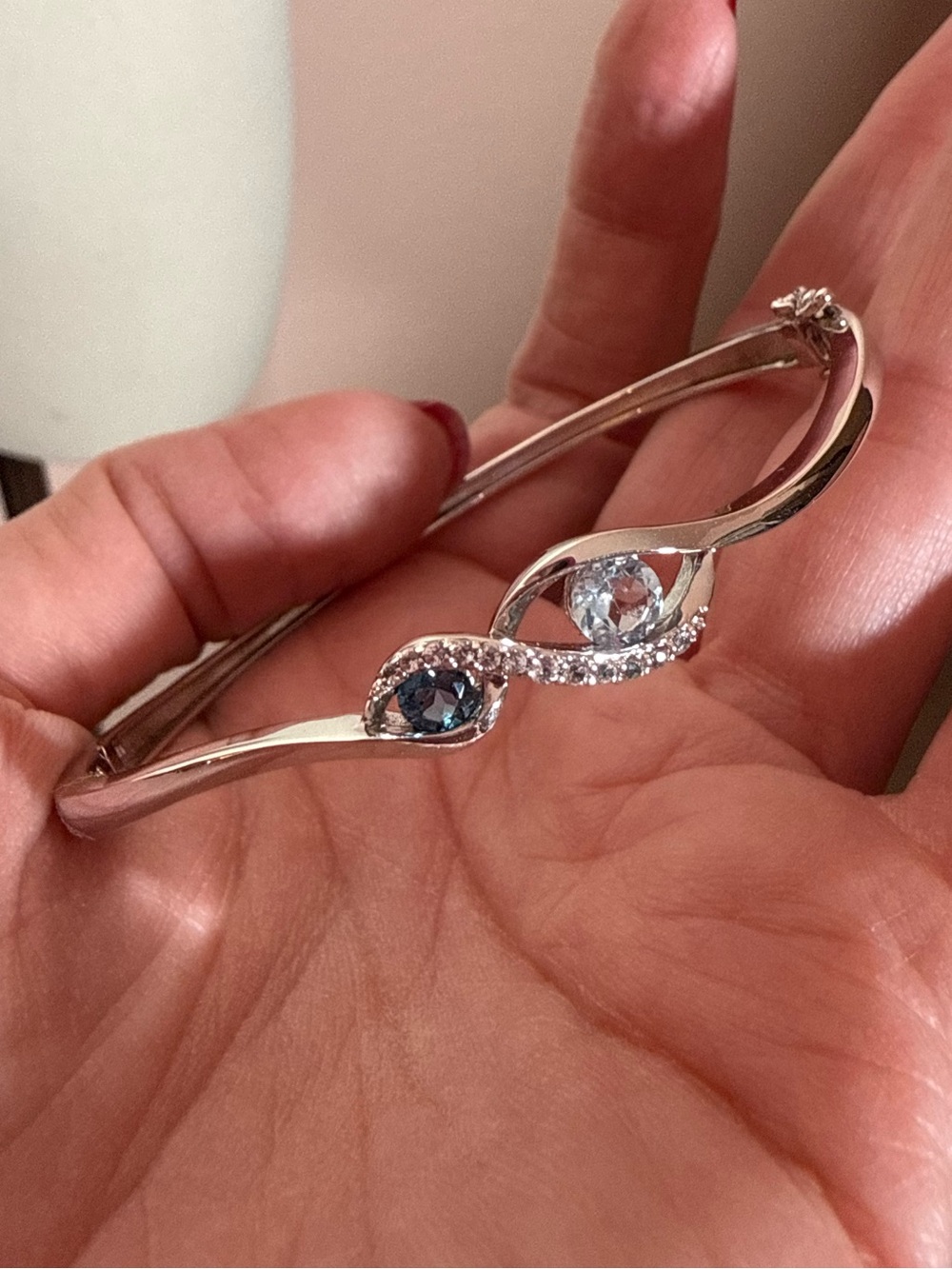 Sterling silver minimalist blue topaz hinged bangle bracelet delicate